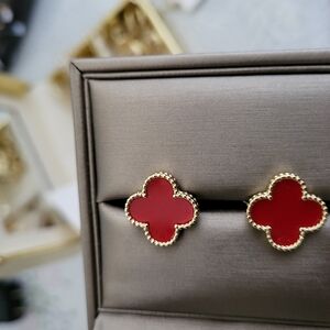 Gold-Trim Red Clover Stud Earrings